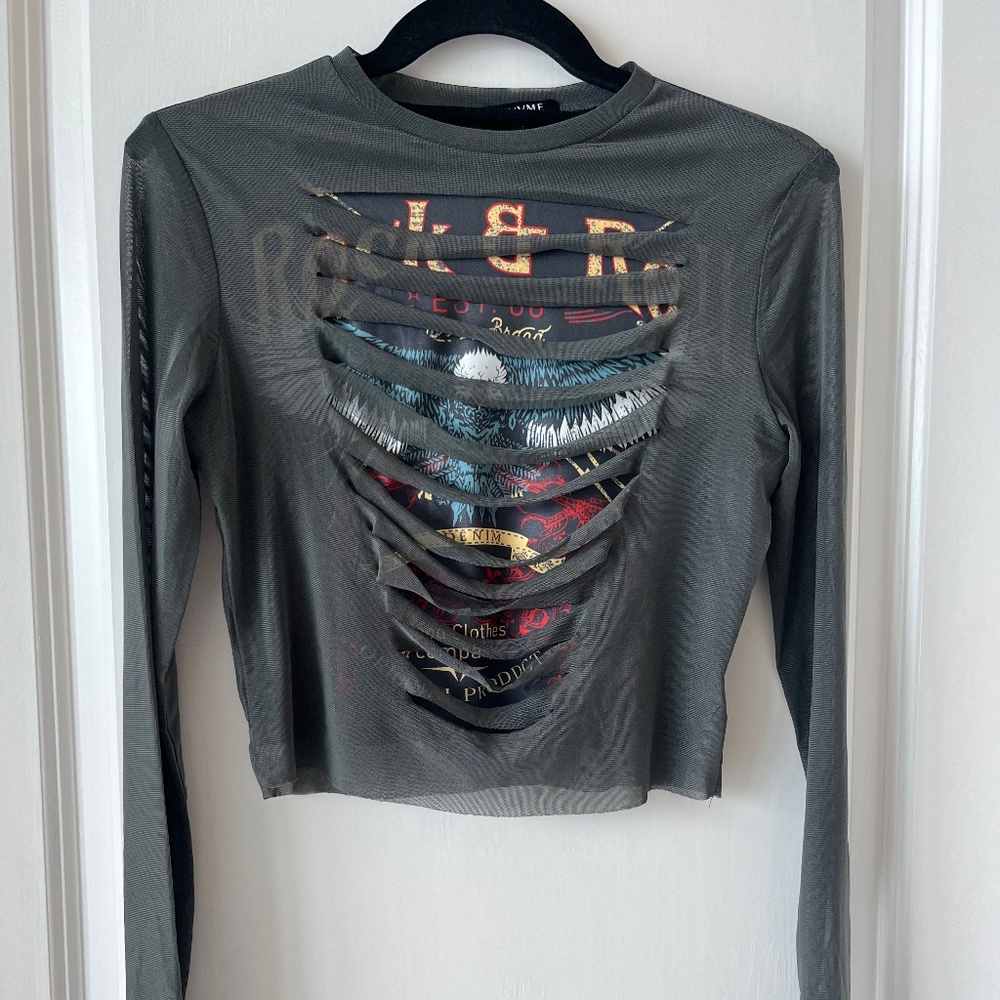 ENVME Rock & Roll Graphic Mesh Cutout Long Sleeve Top